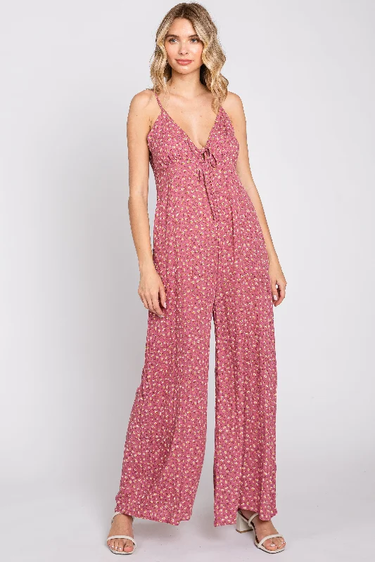 Mauve Floral V-Neck Front Tie Sleeveless JumpsuitVNeckTopValkyrie