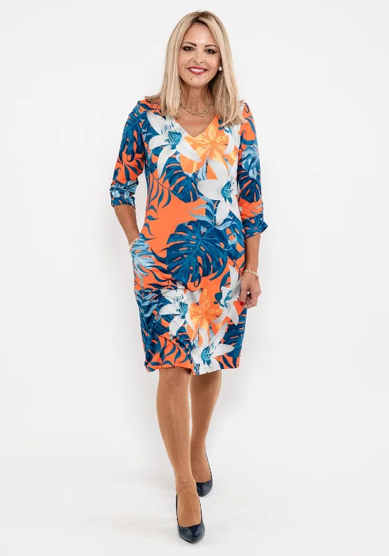 Leon Collection Lily Flower Print Dress, Orange MultiEdwardian Dress