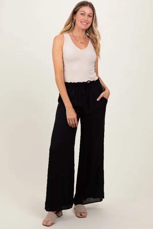 Black Ruffled Drawstring Waist Wide Leg PantsCargos