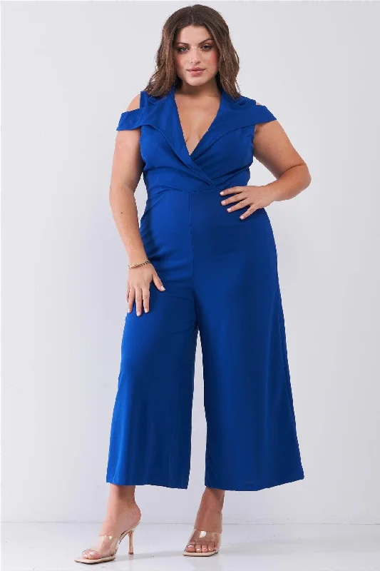 Junior Plus Royal Blue Sleeveless Collared Plunging V-Neck Wide Leg Jumpsuit /1-1-1VNeckTopTitan