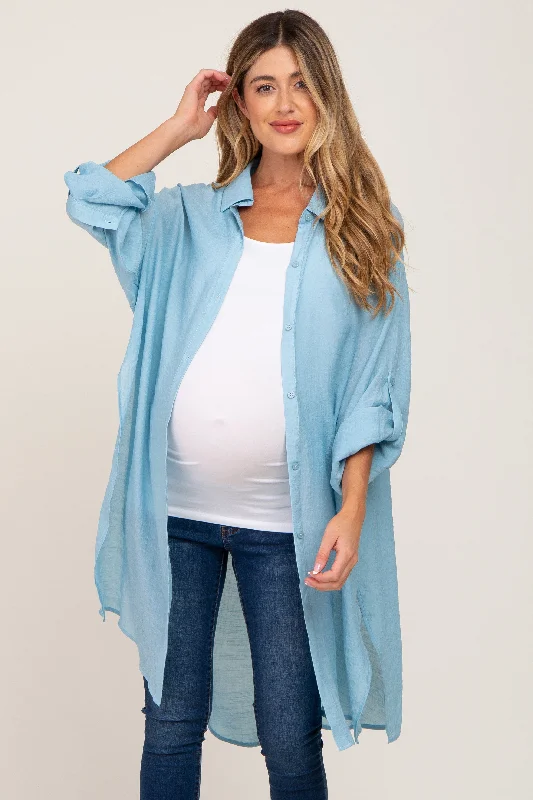 Satin ShirtsLight Blue Button Front Side Slit Oversized Maternity Blouse