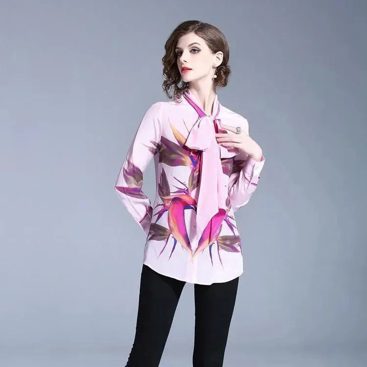 Leather-Paneled ShirtsPink Bow Tie Women Blouse