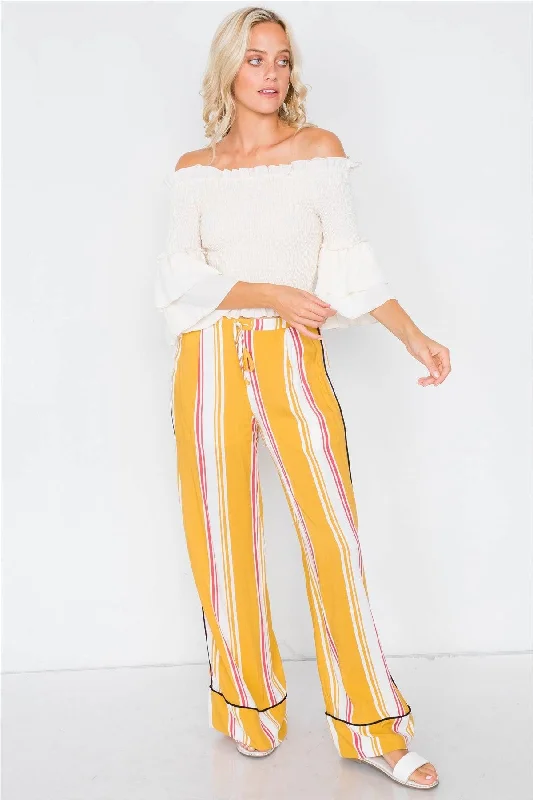 Mustard Multi Stripe Black Trim Wide Leg Pants /2-3-3Parachute Pants