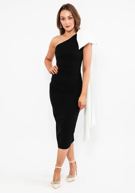 Kevan Jon Krystle Midi One-Shoulder Dress, Black & IvorySleeveless Dress