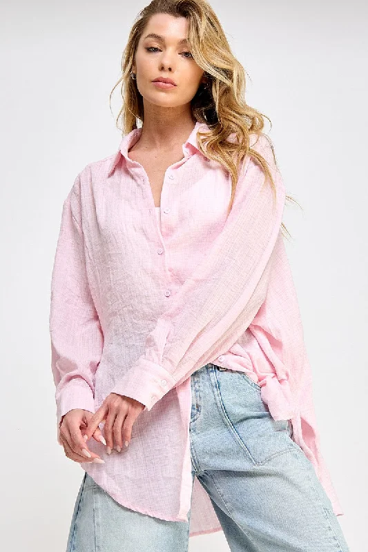 Rayon ShirtsLight Pink Lightweight Sheer Button Down Blouse