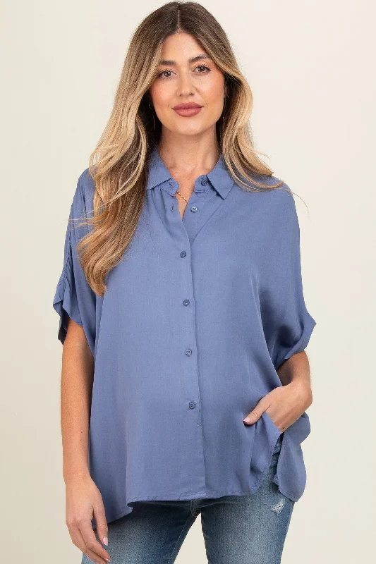 Pocket ShirtsBlue Dolman Sleeve Button Down Maternity Blouse