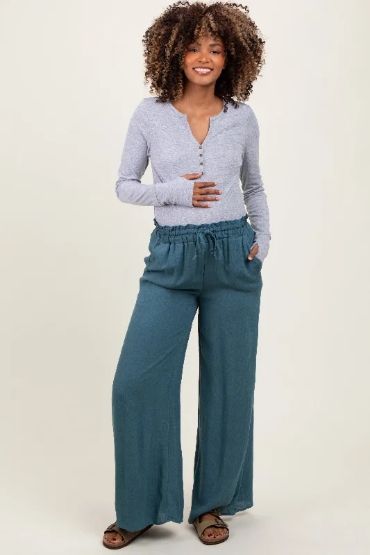 Blue Ruffled Drawstring Waist Wide Leg Maternity PantsCropped Pants