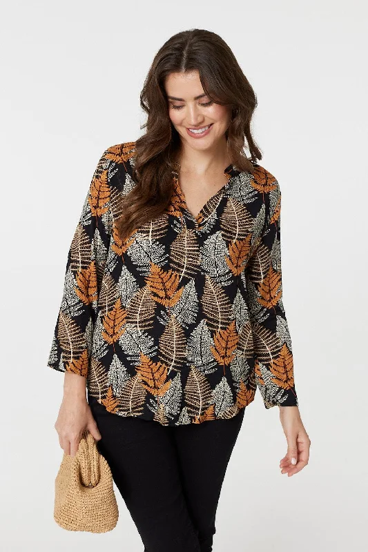 Cultural ShirtsLeaf Print Turn-Up Sleeve Blouse