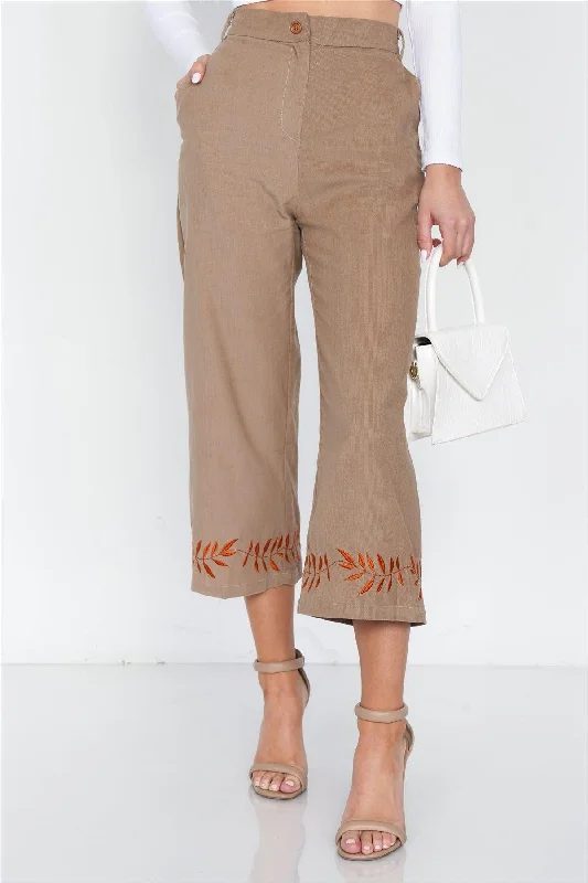 Taupe Ankle Length Boho Print Cotton Corduroy Gaucho Pants /3-2-1Palazzos