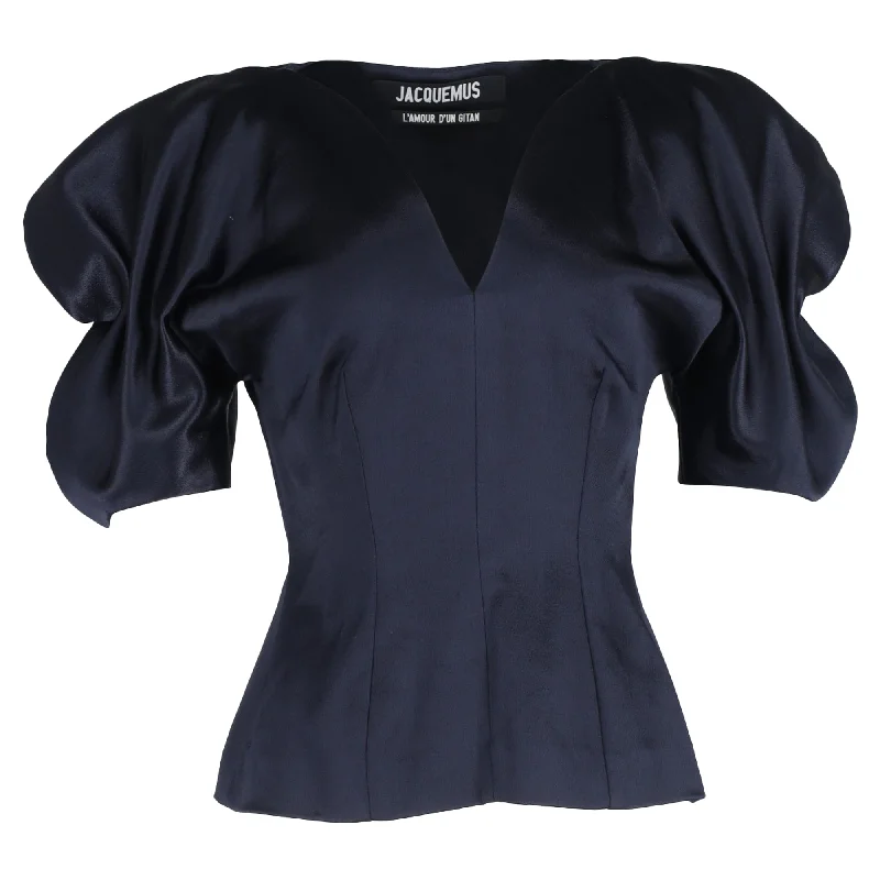 Asymmetrical ShirtsJacquemus Puffed Sleeve V-neck Blouse in Navy Blue Satin