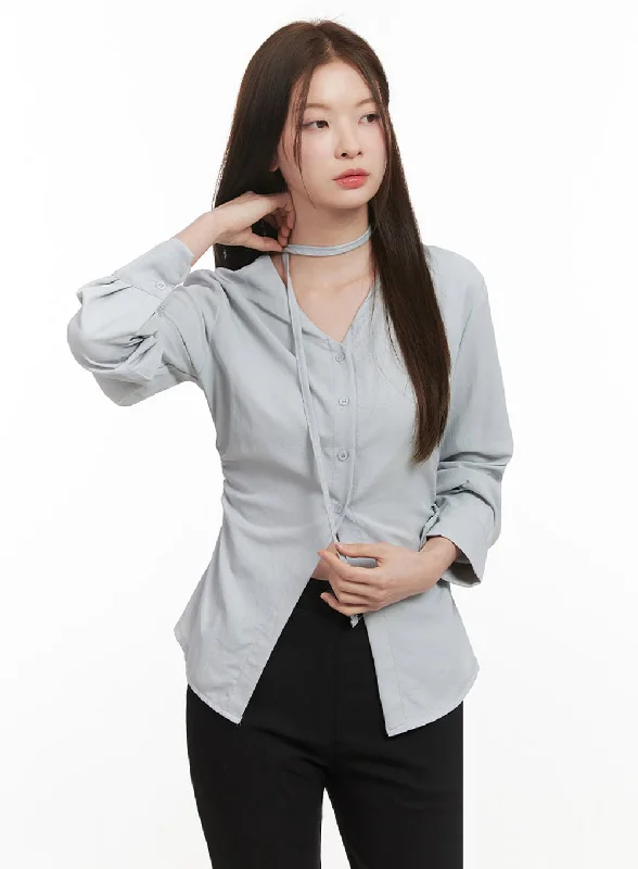 Painted ShirtsSlim-Fit Button-Down Blouse with Scarf IF505