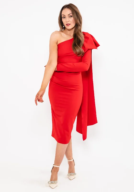 Kevan Jon Krystle One Sleeve Midi Dress, RedPuff-sleeve Dress