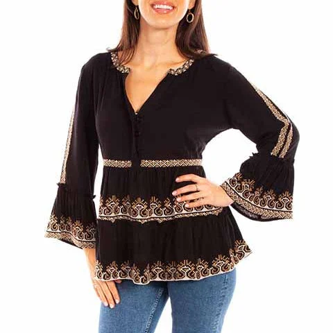 Casual ShirtsHoney Creek by Scully Women's L/S Ruffled Aztec Embroidered Blouse in Black