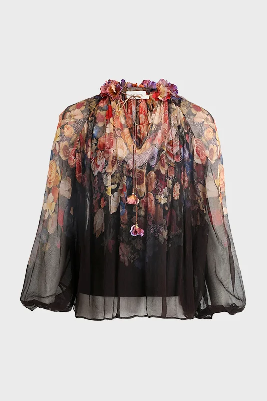 Thermal ShirtsMorisot Black Print Luminosity Floral Blouse