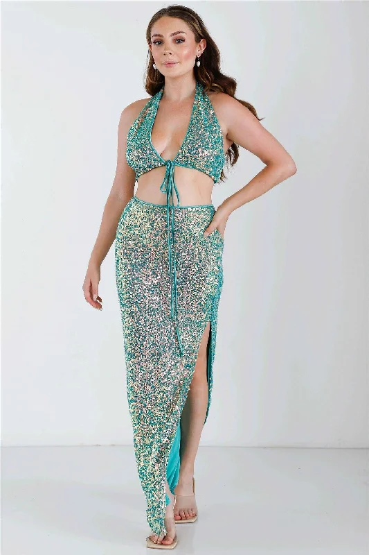 Green Sequin V-Neck Sleeveless Crop Top & High Waist Maxi Skirt Set /3-2-1VNeckTopHydra