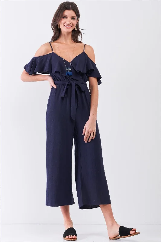 Navy Natural Linen Off-The-Shoulder V-Neck Ruffle Hem Wide Leg Maxi Jumpsuit /3-2-1VNeckTopRonin