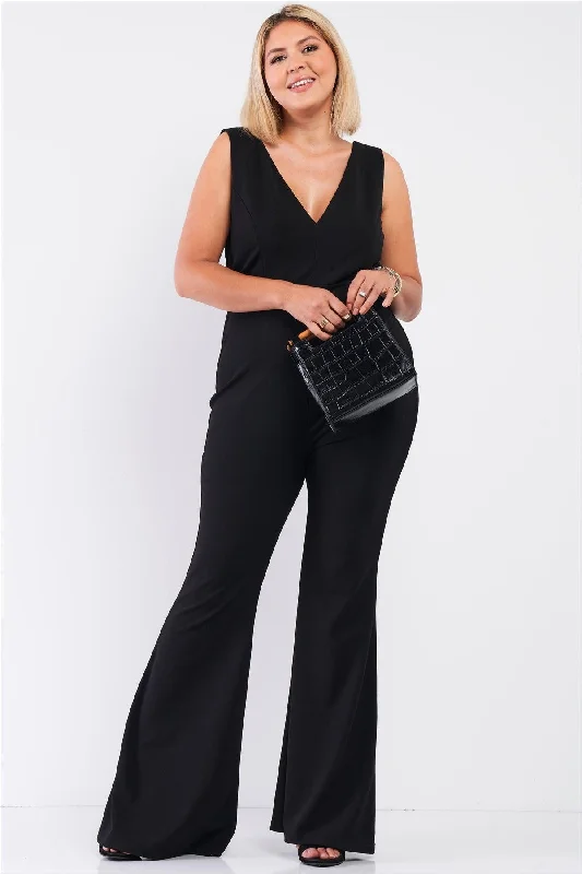 Junior Plus Black Sleeveless Deep Plunge V-Neck Wide Leg Jumpsuit /1-1-1VNeckTopDragon