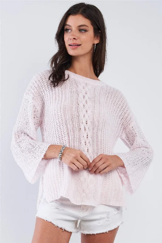 Baby Pink Cable Knit Relaxed Fit Ribbed Round Neckline Long Sleeve Side Slit Detail Sweater /4-2