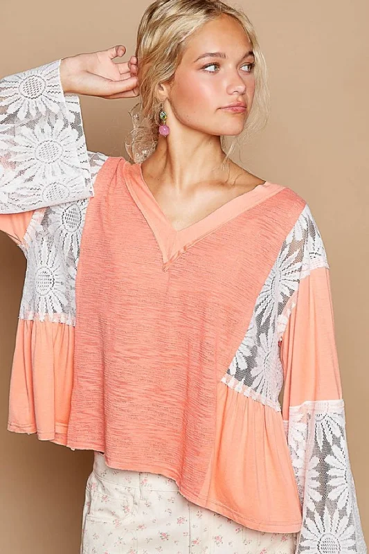 Band Merch ShirtsPOL Lace Detail V-Neck Flare Sleeve Blouse