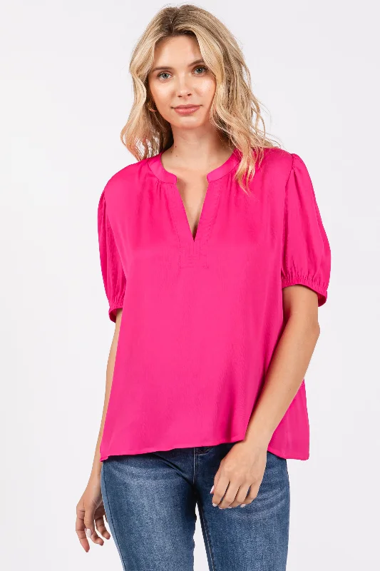 Denim ShirtsFuchsia V-Neck Puff Sleeve Blouse