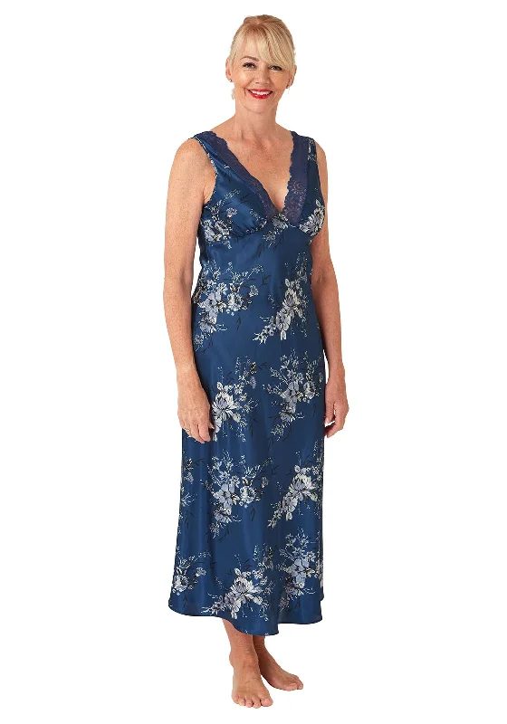 Marlon Floral Print Satin Nightdress, Ocean BlueSheer Dress