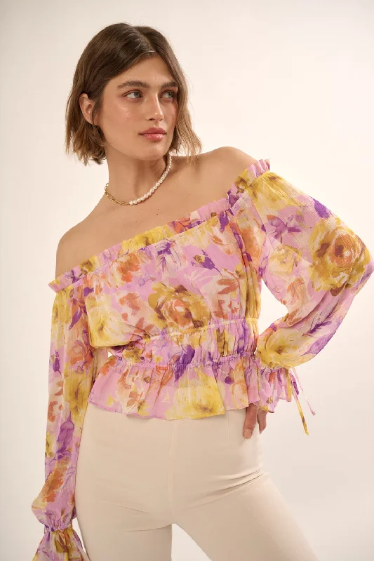 Cashmere ShirtsLavender Floral Off-Shoulder Neck Chiffon Blouse