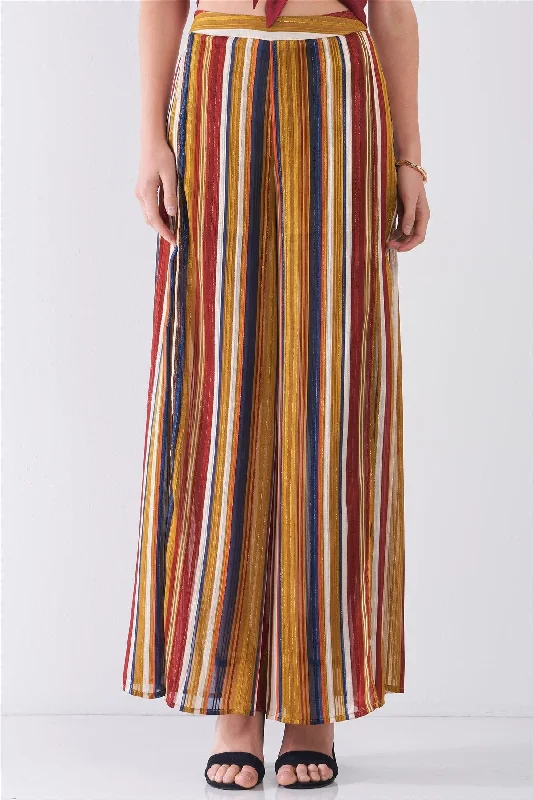 Mustard Multicolor Striped Glitter Stitching High Waist Side Slit Detail Wide Leg Pants /3-2-1Denim Shorts