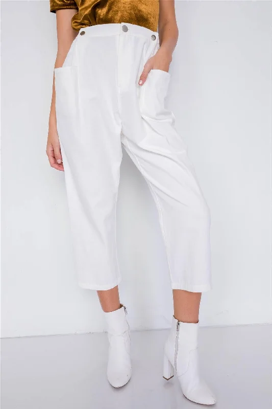 Off-White Chic Solid Ankle Wide Leg Adjustable Snap Waist Pants /4-2-1Thermal Pants