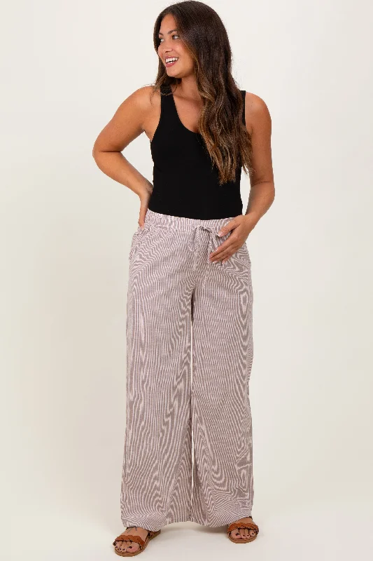 Light Taupe Striped Drawstring Wide Leg Maternity PantsMilitary Pants