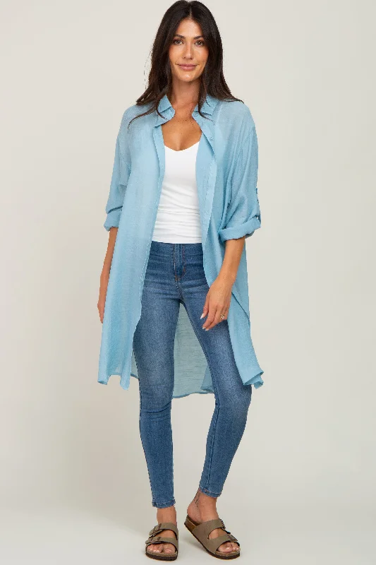 Work ShirtsLight Blue Button Front Side Slit Oversized Blouse