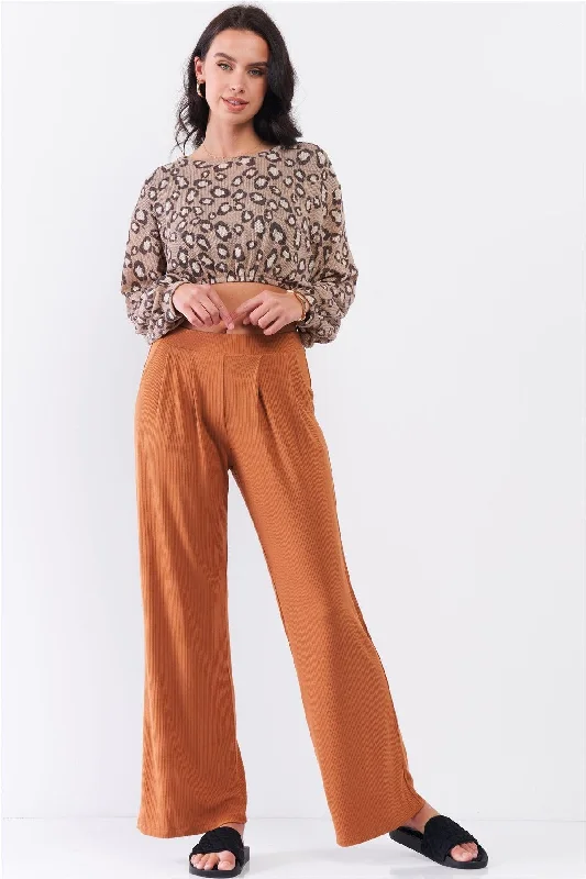 Honey Gold Ribbed Mid-Rise Wide Leg Pants /2-3-1Pajama Pants