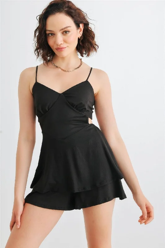 Black Sleeveless Strappy V-Neck Back Lace-Up Romper /1-2-1VNeckTopSpartan