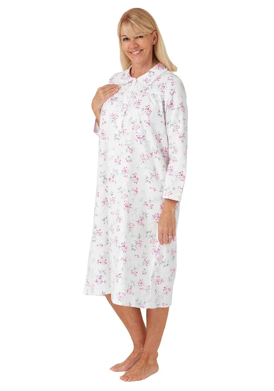 Marlon Floral Frill Collar Long Sleeve Nightdress, White and PinkEmpire Waist Dress