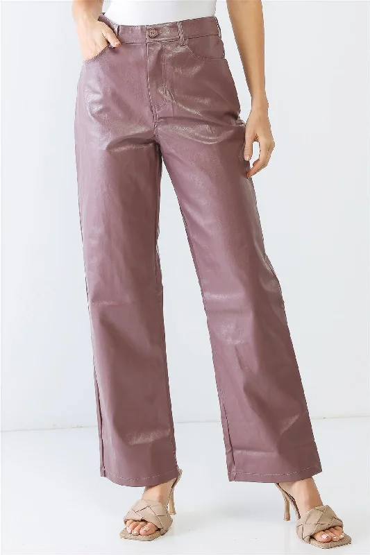 Lavender Faux Leather Four Pocket Wide Leg High Waist Pants /1-2-2-1Casual Pants