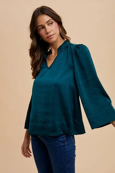 Hiking ShirtsAnnie Wear Satin Notched Three-Quarter Sleeve Blouse