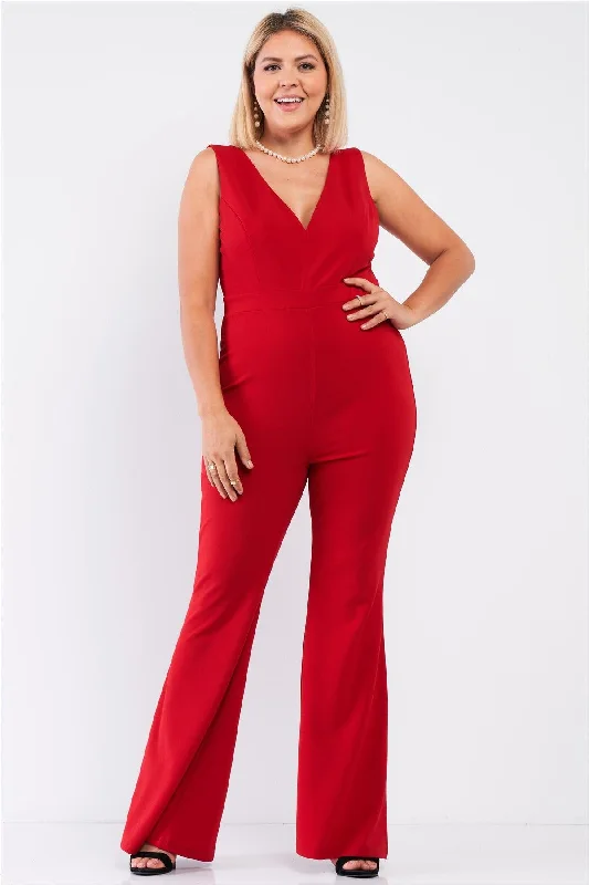 Junior Plus Red Sleeveless Deep Plunge V-Neck Wide Leg Jumpsuit /1-1-1VNeckTopSphinx