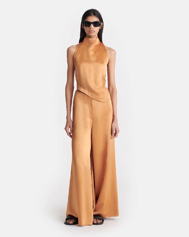 Zaniah - Crinkled Satin Wide-Leg Pants - ApricotSweatpants