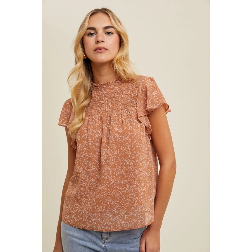 Asymmetrical ShirtsWomen's Smocked Floral Flutter Sleeve Blouse in Clay