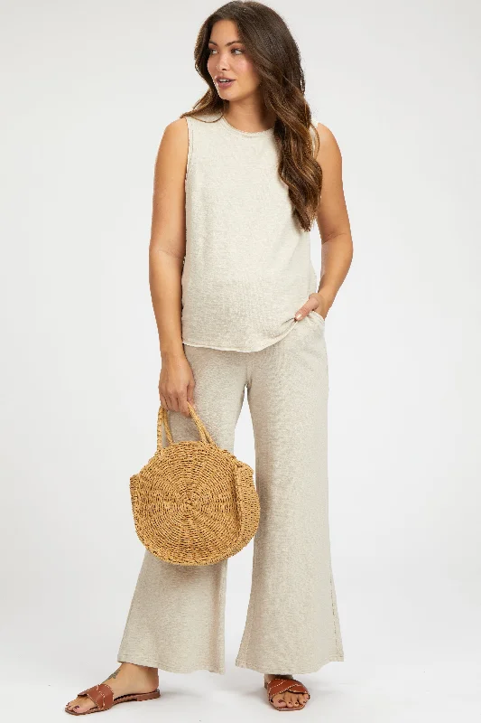 Beige Slub Knit Maternity Pants SetChinos