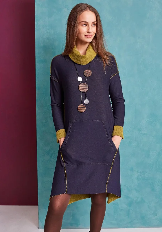 Naya Contrast Colour Roll Neck Dress, Navy & GreenHigh-visibility Dress