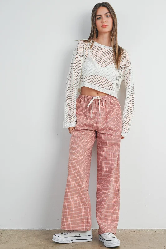 Pink Drawstring Checker Plaid PantsHigh-waisted