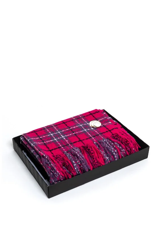 Serafina Collection Plaid Scarf & Brooch Gift Set, Fuchsia