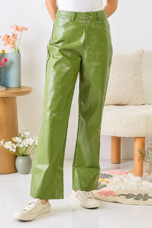 Green Faux Leather Four Pocket Wide Leg High Waist Pants /1-2-2-1Corduroy Pants