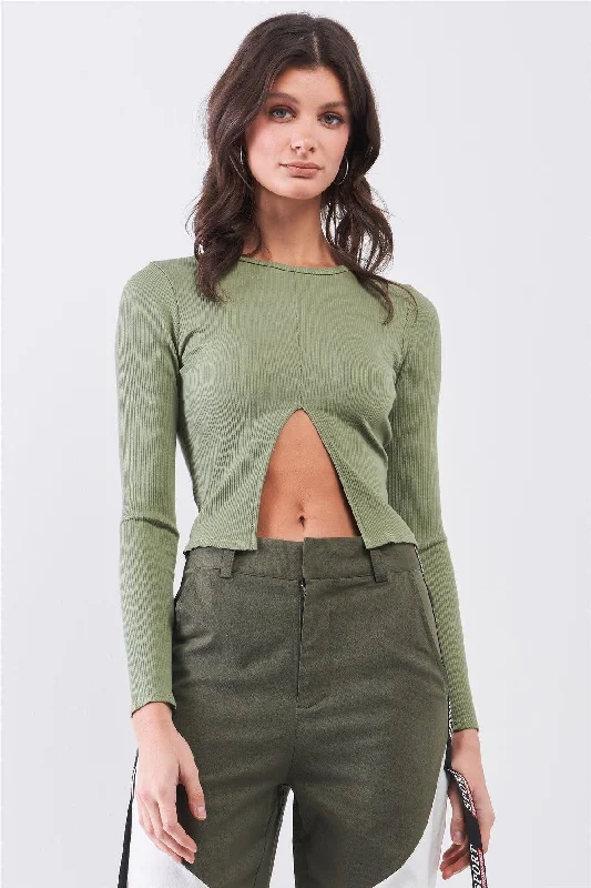 Olive Ribbed Long Sleeve Front Belly Button Slit Detail Top /2-2-2