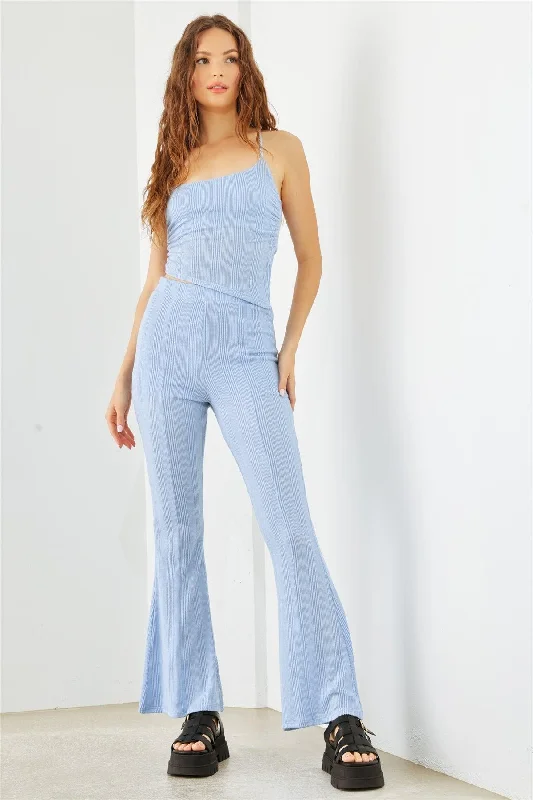 Light Blue Ribbed Back Lace-Up Crop Top & High Waist Pants Set /1-2-2-1Hiking Pants