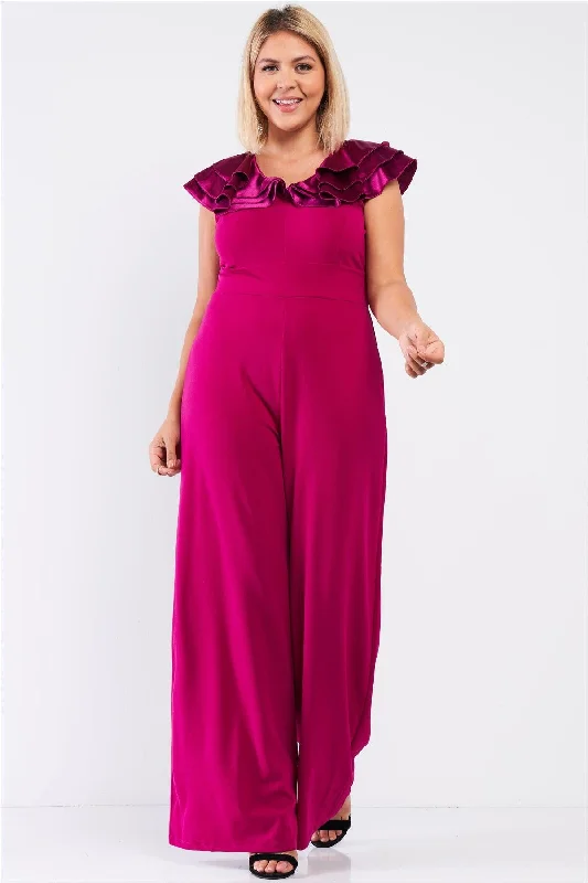 Junior Plus Berry Pink Sleeveless Satin Ruffle Shoulder Detail V-Neck Wide Leg Jumpsuit /1-1-1VNeckTopSteel