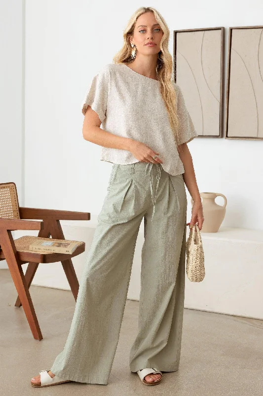 Pleated Front Tie High Waist Wide-Leg PantsWool Pants