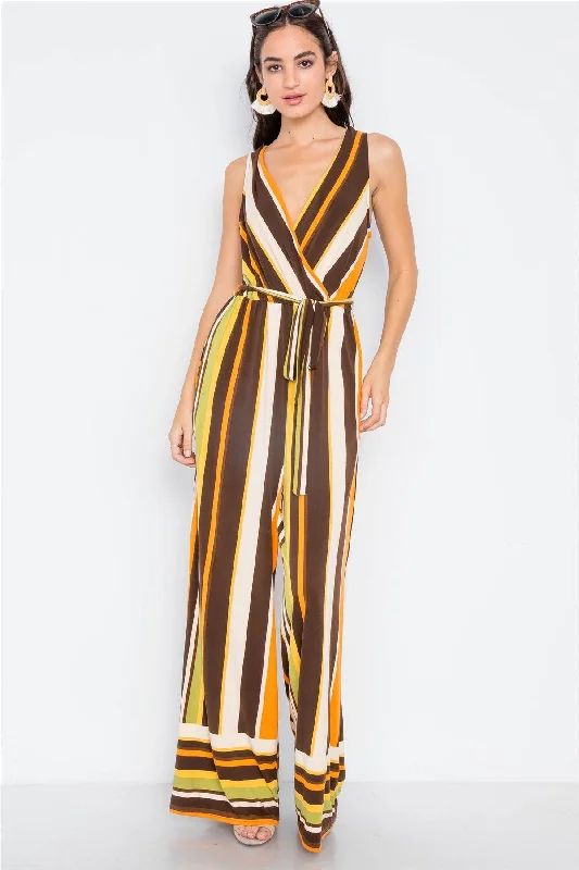 Brown Multi V-neck Sash Flare Leg JumpsuitVNeckTopChimera