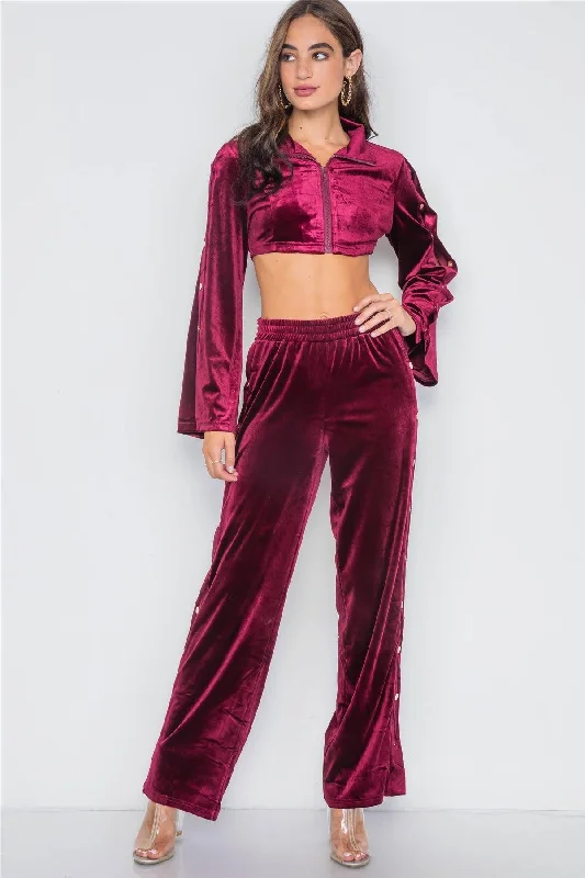 Burgundy Velvet Two Piece Crop Top & Pants Set /2-2-2Slacks