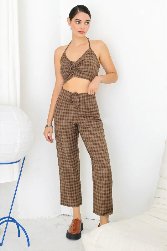 Brown Check Ruched Strappy Crop Top & High Waist Ruched Wide Leg Pants Set /1-2-2-1Zip-off Pants